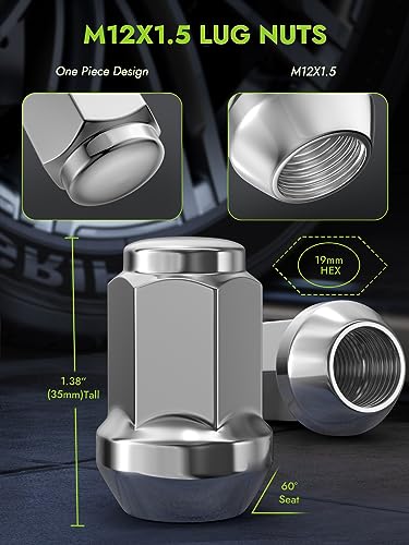 Image of AUTOPTIM M12x1.5 Lug Nuts - Replacement for 1984-2023 Toyota 4Runner, 1995-2022 Tacoma, 2000-2006 Tundra Aftermarket Wheel Lug Nuts, 19mm Hex Chrome Soild One-Piece Closed End Tire Lug Nut (24pcs)