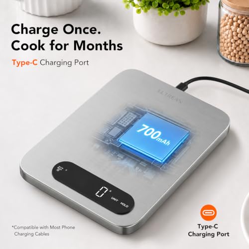 Image of Ultrean IPX7 Waterproof Food Scale, 33lb Rechargeable Kitchen Scale Digital Weight Grams and Ounces, Large Platform, 1g Precision, 304 Stainless Steel, LED Display for Cooking, Baking & Meal Prep