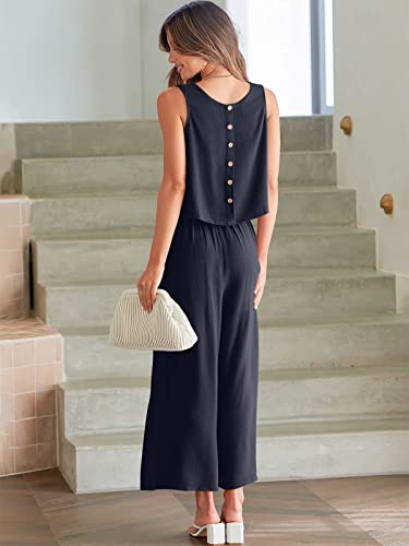 Image of ANRABESS Women's Summer 2 Piece Outfits Sleeveless Tank Crop Button Back Top Cropped Wide Leg Pants Set Pockets