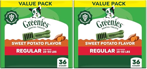 Image of Greenies Veterinarian-Recommended Natural Dental Dog Treats,Dental Chews for Dogs,Regular Size,Sweet Potato Flavor,36 oz,36 Count (Pack of 2)