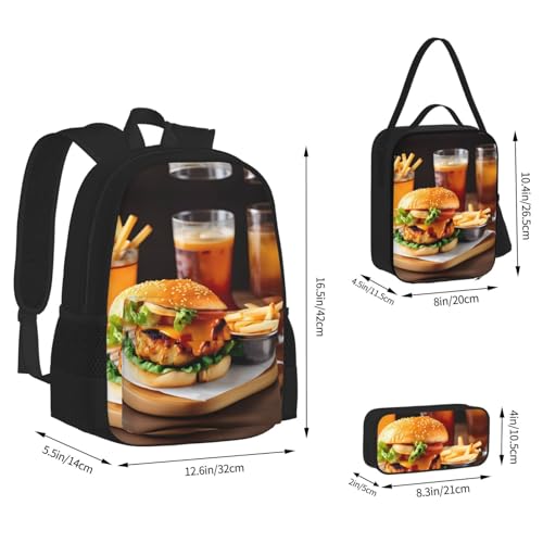 Chicken Leg Burger Drink Print 3 Piece Set Backpack, Lunch Bag, Pencil Case, Cute Sturdy For College And Travel4