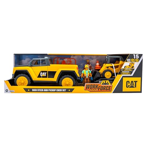 Image of Cat Workforce Skid Steer & Pickup Crew Set, 15-Piece Kids Construction Toy Playset with Pickup Truck, Skid Steer, 2 4-Inch Figures, Cones & Tools, Ages 3+
