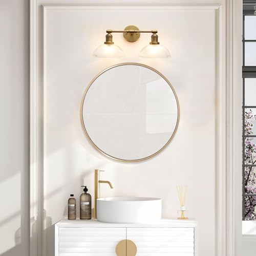 Image of Yosoan 2-Light Brass Indoor Wall Sconce with Striped Shade, Modern Vanity Light Vintage Industrial Wall Mounted Lamp Hardwired Bowl Glass Shade for Living Room Kitchen Bedroom Home Decor(Antique)
