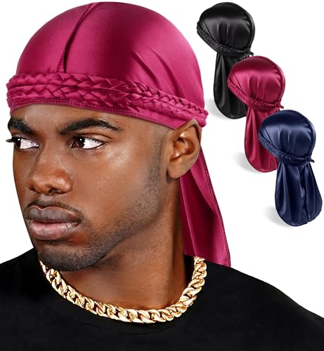 Babalet 3PCS Durag for Men Women, Unisex Smooth Silky Elastic Satin Dorag, Breathable Soft Do Rag for 360 Waves, Nourishing Hair Fashion Outfits with Extra Long Strap Satin Doo Rag