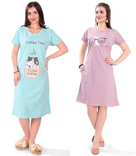 Image of Printed Knee Length Pocket Night Dresses for Women | Cat Lover | Premium Soft Cotton Nighty | Blue and Maroon
