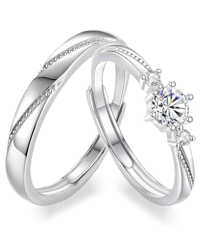 LEEQ Anillo Pareja Ajustable Plata de Ley - 2 Piezas Anillos de Compromiso Promesas Alianzas de Boda Anillo de Pareja Corazón de con Circonita Regalo para Amantes(Modelo diamante)