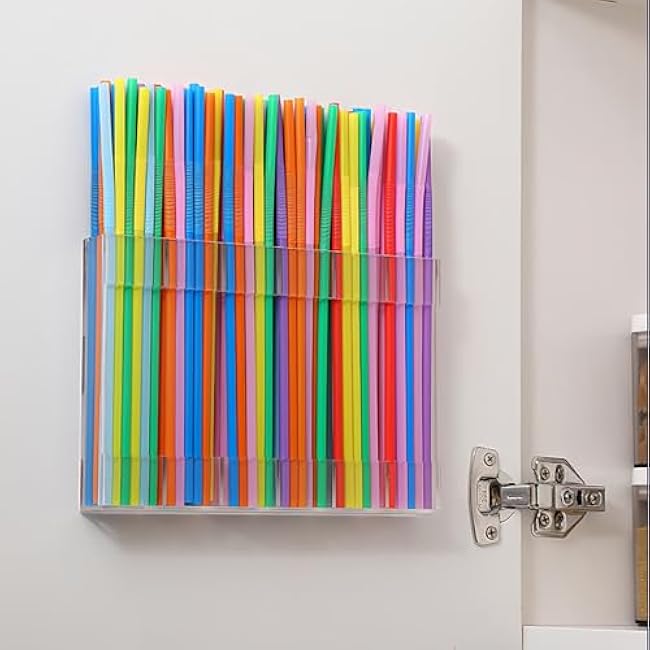 Acrylic Straw Holder, 9.5 Inch Cabinet Door Organizer, Transparent Storage Dispenser with Adhesive Strips for Kitchen Counter