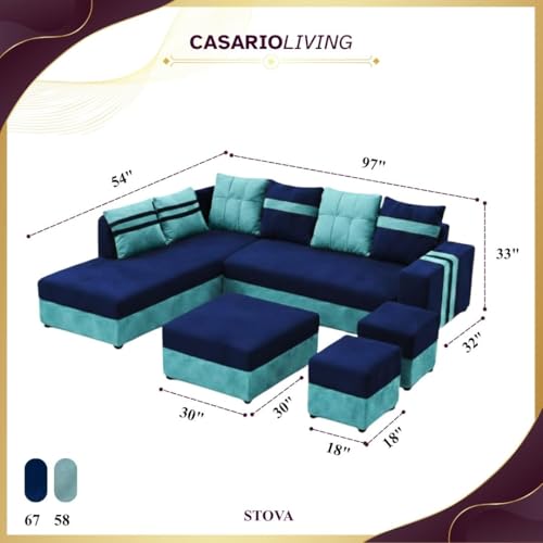 Image of Stova Luxe Velvet-Suede Fabric 8 Seater LHS L Shape Sofa Set | with 2 Ottoman & Centre Table| Comfortable & Spacious Seating | Modern Sofa Set for Living Room - Sky Blue & Dark Blue
