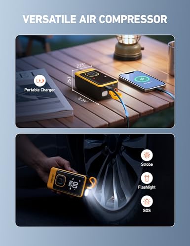 Image of AstroAI L7 Air Tire Inflator Portable Air Compressor, 150PSI Electric Cordless Car Pump with Digital Gauge, Fast 1-Min Inflation, Auto Shutoff, LED Light for Car, SUV, Motorcycle & Bike Tires, Yellow