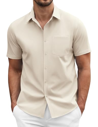 COOFANDY Dress Shirts for Men Summer Short Sleeve Light Weight Collared Formal Business Meeting Shirts with Pocket Light Khaki Beige XL