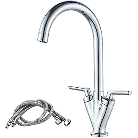 NewEast Kitchen Mixer Taps,Modern Dual Lever Kitchen Sink Taps with Swivel Spout and Hoses,Chrome Brass Cover