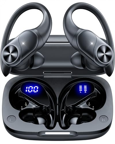 Auriculares Inalámbricos Bluetooth Deportivos 5.3 , 80h Autonomía, Doble Pantalla LED Batería, IPX7 Resistentes, Micrófono Integrado, Controles Físicos, Auriculares para Correr con Gancho de Oreja