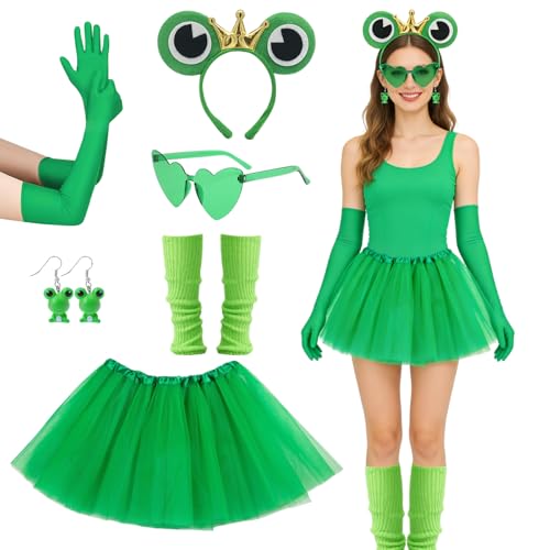 6 pièces Ensemble de costume de Roi Grenouille pour adultes, diadème de grenouille, jupe en tulle, manchons, boucles d'oreilles, lunettes de soleil vertes,...