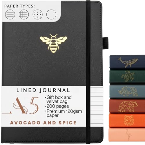 A5 Notebook by Avocado and Spice® with Gift Box & Velvet Bag - A5 Journal Notebook Journals for Women and Men - Travel Journal Hard Back Notebook Lined A5-200 Thick Pages (Black, Lined)