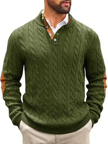 Runcati Mens Cable Knitted Pullover Sweater Casual Stand Collar Winter Warm Quarter Button Sweaters