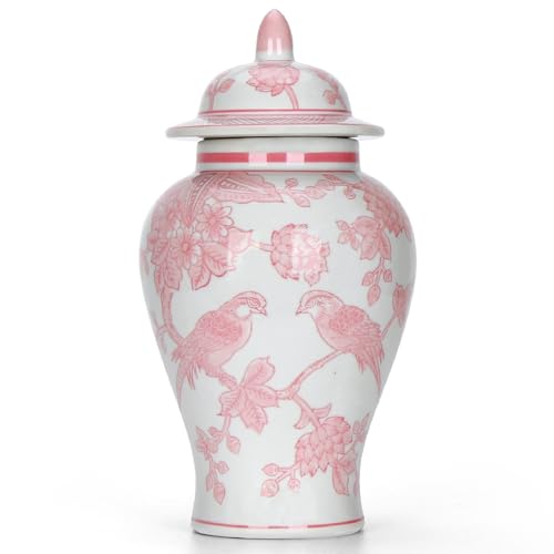 11 Pink Ginger Jar with Lid Porcelain Stylized Songbirds Floral Temple Jar Chinoiserie Vase Chinese Style Ginger Jars Antique Home Decor for Interior Design