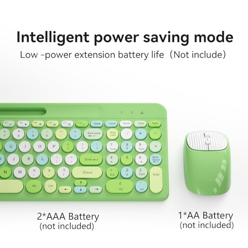 Image of Retro Wireless Keyboard and Mouse Combo, Full-Size USB Keyboard with Round Keycaps, 2.4GHz Wireless for Desktop, Laptop and Computer (Green-Colorful)