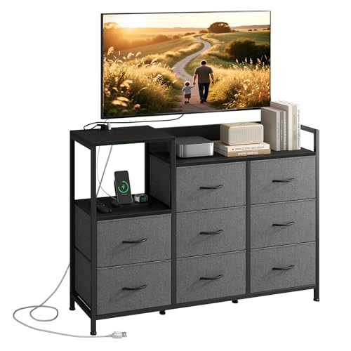 Image of NEWBULIG Media Console Dresser TV Stand for 45 inch with 8 Fabric Drawers & Open Shelves, Wooden Top Entertainment Center with LED Lights & Charging Station for Bedroom, Grey