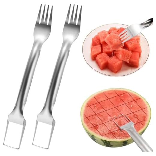 2Pcs Watermelon Fork Slicer Cutter, Stainless Steel 2-in-1 Watermelon Fork Slicer, Portable Tool for Home Party Camping Kitchen Gadget