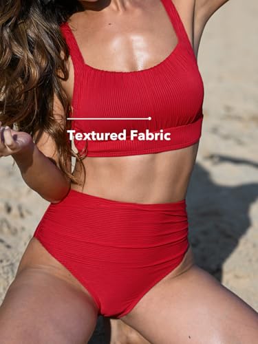 Image of CUPSHE Women's Tummy Control High Waisted Bikini Set Textured Bathing Suit | Removable Soft Cups, Ruched, Adjustable Wide Straps, Ribbed Texture, Twist Back Detail, Full Coverage, Sporty, Beach Vacation
