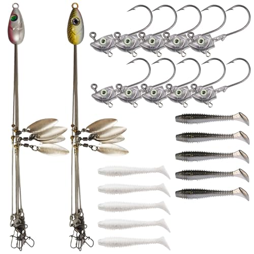 2-Pack Alabama Rig Fishing Lures Kit Fishing Bass Bait Lure with 10 Pcs Lure & Jig Heads Umbrella Rig for Striper&Bass Fishing