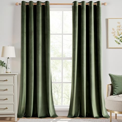 ANRODUO Olive Green Velvet Blackout Curtains (Set of 2)