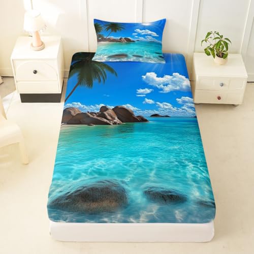Image of jejeloiu Ocean Beach Bed Sheets Sets Twin Size Kids Boys Girls Blue Sky Sea Bedding Set Tropical Palm Trees Bed Sheet Set with 16-Inch Deep Pockets 3Pcs with 1 Pillow Cases