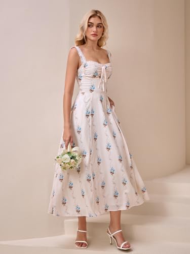 Image of KUTUMAI Floral Corset Midi Dresses for Women 2026 Lace Up Flowy Summer Wedding Guest Dress with Pockets