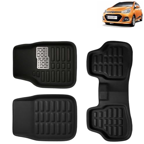 Image of KINGSWAY Accessories Premium 3D Car Floor Mats Only Compatible with Hyundai Grand I10 Year 2013 to 2017 All Model, Set of 3, 100% Waterproof Tray Shape PVC 3D Car Foot Mats Anti-Slip Car Mat, Black