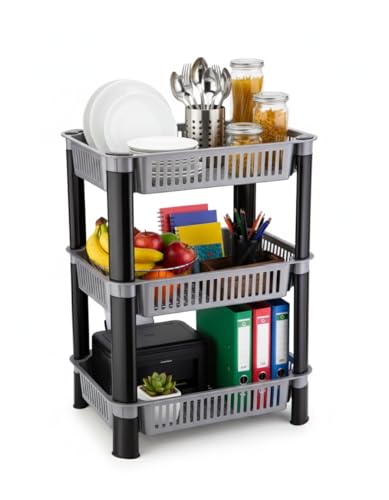 Image of U-Max Multi Tire Kitchen Storage Rack, Plastic Utility Shelf Organiser, Space Saving Storage Solution, Revolving Vegetable Rack (Silver-Regular, 3)