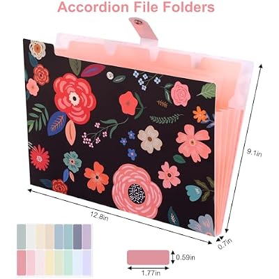 EOOUT 6pcs Expanding File Folders with 5 Pockets, Floral Accordion Folders for Documents, A4 Letter Size Plastic File Organizer with Snap Button for School and Office Supplies