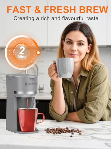 Image of Single Serve Coffee Maker for K-Cup and Ground Coffee,Fast Brew,6-12 oz Brew Sizes One Cup Coffee Machine Fits 5.5 inch Mugs,One-Button Coffee Maker with Descaling Reminder,Grey,9.45 Inches