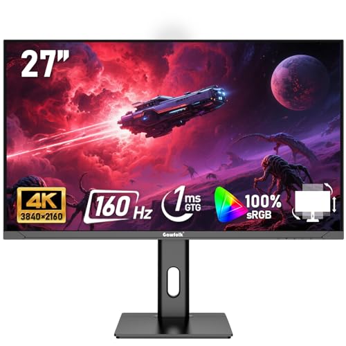 Gawfolk Écran PC 27 Pouces IPS, Moniteur de Jeu 4K UHD 160Hz, 1ms, FreeSync, 100% sRGB, Grand Angle de Vision de 178°, HDMI 2.1, DisplayPort, réglable en Hauteur et pivotant, VESA 75 * 75mm - Noir