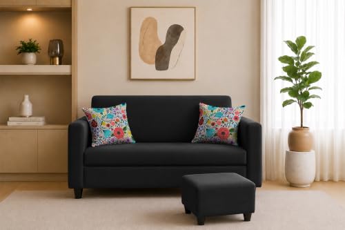 Image of Rosebell 2 Seater Sofa with Ottoman | Living Room Couch | with Printed Cushions | Sofa for Home, Apartment & Office-Black Color