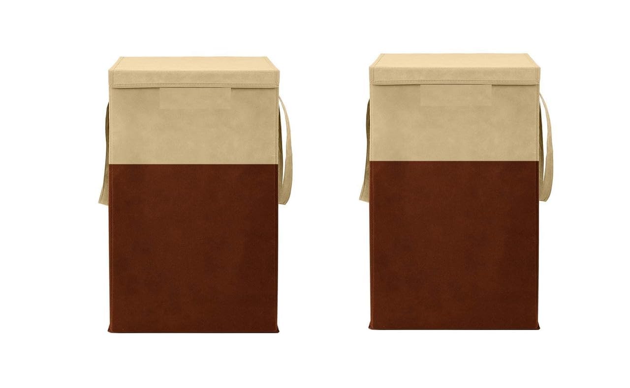 Folding Laundry Basket 75 Litre Large Clothes Hamper With Lid And Side Handles | Collapsible Freestanding Storage Bin For Bedroom Dorm Utility Home Organisation | Pack Of 2 | Beige & Brown-picture-29