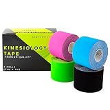 KALAHARI 4 rouleaux Bande Kinesiologie Professionnelle + eBook d’Applications, Kinesio Tape à Haute Adhérence, Résistant à l’Eau et à la Sueur, Kinesiology taping pour Sport et Rééducation 5cm x 5m