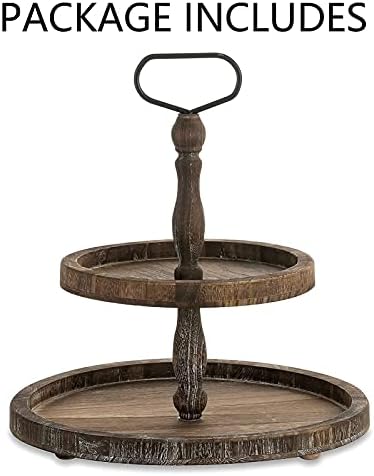 NUPTIO 2 Tiered Tray Wood Stand Farmhouse Afternoon Tea Stand for Kitchen Countertop Home Decor, Rustic Vintage Cake Stand Double Tray for Christmas Thanksgiving Birthday Wedding Decor, Dark Brown