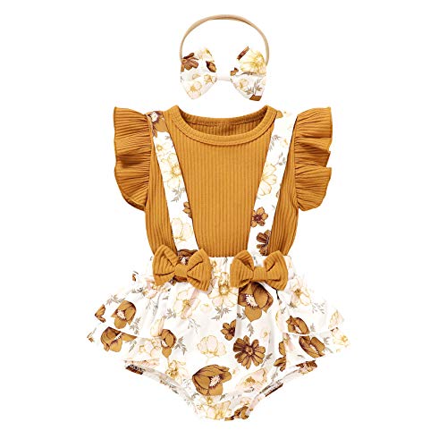 Infant Newborn Baby Girl Floral Summer Outfits Ruffle Short Sleeve Ribbed T-Shirt and Suspender Shorts with Headband (Brown Suspender Pants, 0-6 M)