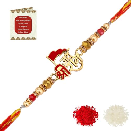 Image of Riddhika Ventures Glorious Gold Plated Auspicious Diamond Ring Rakhi with Roli Chawal and Greeting Card
