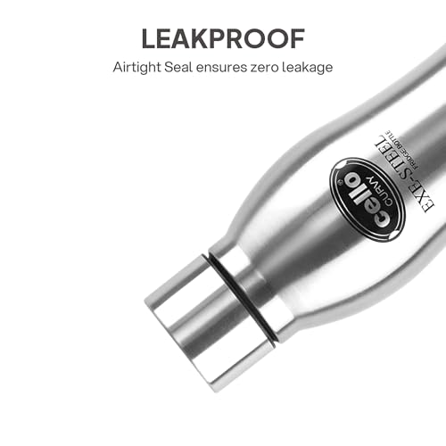 Image of CELLO New Curvy Stainless Steel Water Bottle for Office Set of 2 Pcs 1000ml Silver | Single Wall Freezer & Fridge Safe, Leak Proof Wide Mouth Easy to Clean, One Hand Grip Steel Water Bottle for Travel