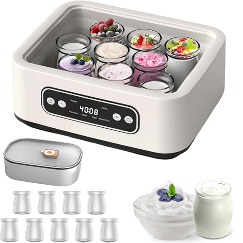 Máquina de Yogur eléctrica de 1,6 l, Olla Interior de Acero Inoxidable 304 y yogurtera portátil de 9 Tazas, Tiempo y Temperatura Ajustables, máquina de Yogur probiótico fermentación de Vino de arroz