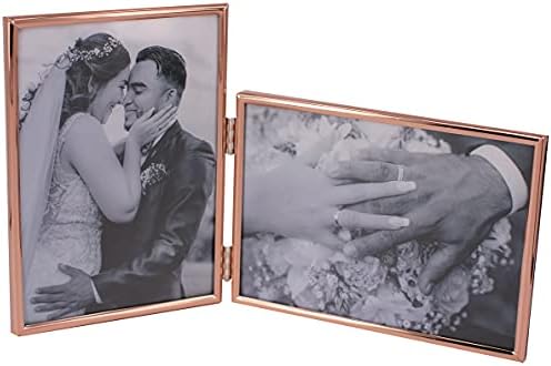 LEADEX Vertical Horizontal Combo- Double 5 by 7 Inch Rose Gold Plated Metal Folding Picture Frames-(1 Landscape and 1 Portrait Style) (rose gold)