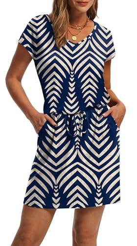 Image of OFEEFAN Summer Dresses for Women 2026 V Neck T Shirt Casual Mini Dresses Tie Waist Sundresses with Pockets