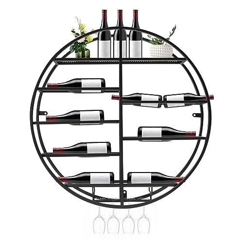 CNCEST Vintage Wine Rack, Round Wall Mounted Hanging Wine Bottle Holder Stemware Hanger Rack Metal Bar Floating Shelf Hanging Stemware Goblet Wine Glass Holder, DiaxW: 60cm/23.6inx11cm/4.33in (Black)
