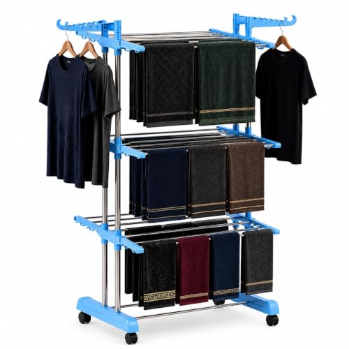 Image of TEKCOOL Foldable Cloth Drying Stand Stainless Steel - 3 Tier Heavy-Duty Clothes Dryer for Balcony, Indoor & Outdoor Use | with Wheels & Hanger Slots | Rust-Proof Laundry Rack (Grey, 3 TIRE)?,