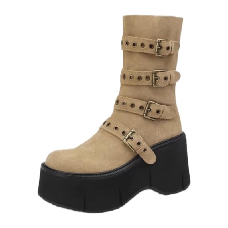 Ladys thick-soled round-toed short boots with a hook-and-loop design on the upper featuring an inner zipper