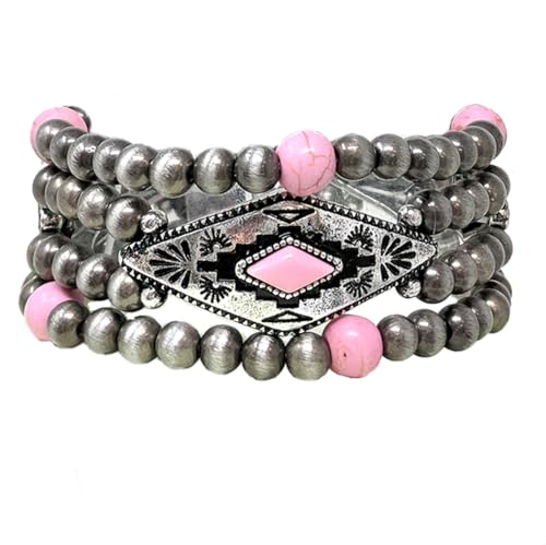 Rosemarie & Jubalee Western Navajo Beaded Stretch Bracelets Silver and Pink Howlite Stone Set of 3