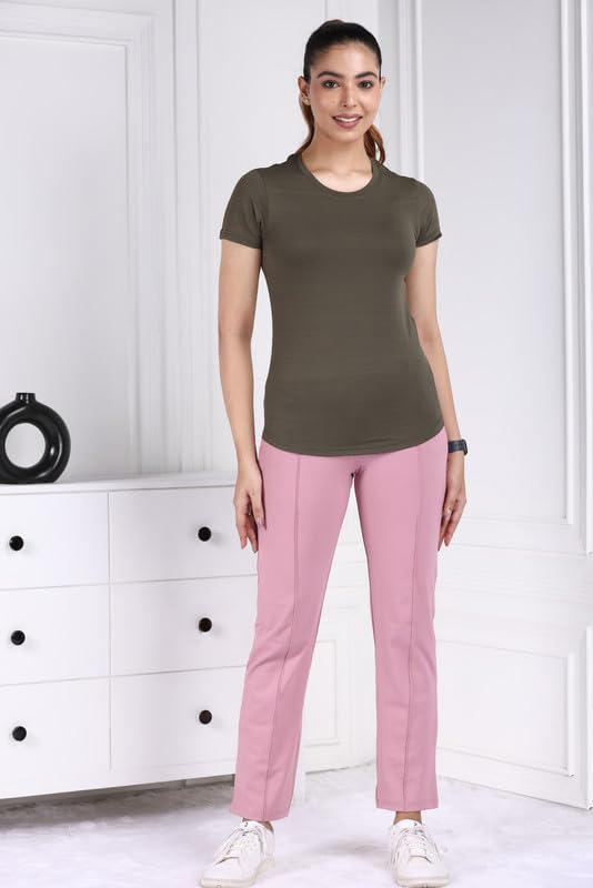 Image of Mlada Luxury Athleisure T Shirt Polyester Stretch Knit T-Shirt Full Length Moisture Wicking, Breathability, Compression for Gym, Workout and On-The-Move for Women