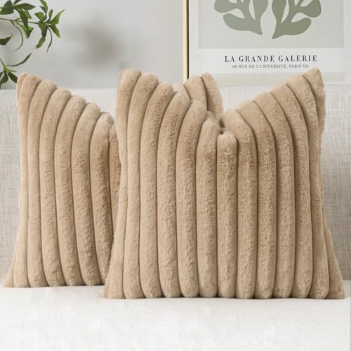 MIULEE Faux Fur Decorative Throw Pillow Covers 18x18 Inch Set of 2, Modern Spring Home Decor Soft Plush Couch Pillows Cozy Fluffy Cushion Covers for Sofa Khaki