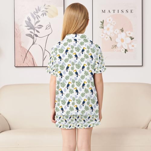 Toucan Bird Pattern Summer Pajamas Set Short Sleeve Button-Up Top Shorts 2PC Satin Sleepwear4